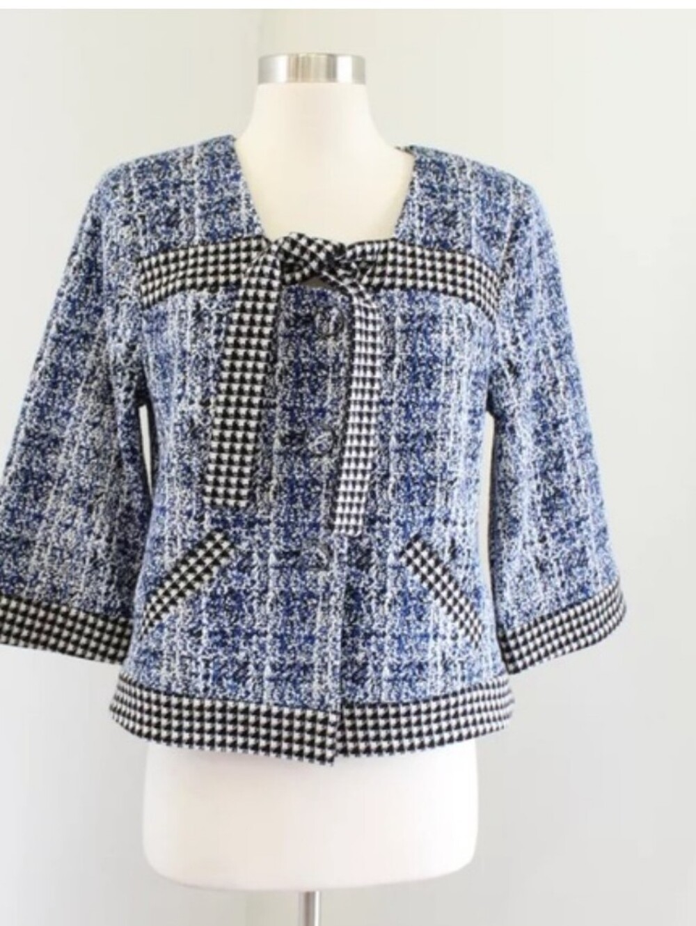 CaBi Tweed-Style Women's Jacket in Blue and Black Houndstooth Trim
